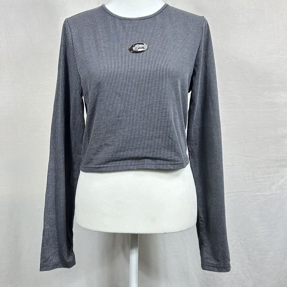 SHEIN Crop Top Large Gray Crew Neck Long Sleeve Cut Out Logo Streetwear Y2K